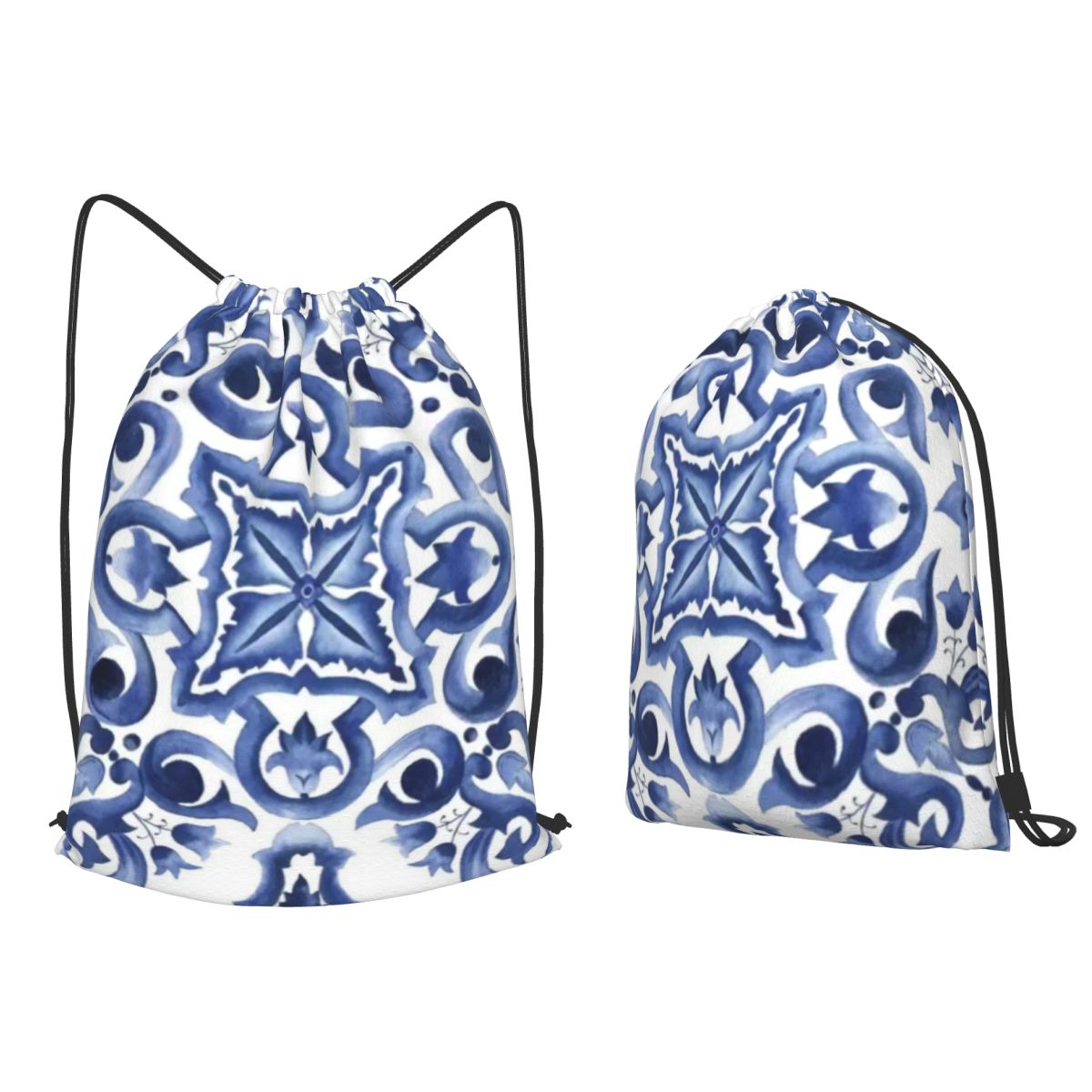 Tile Bag Drawstring - Mavi Süslü Çiçekli Akdeniz Sicilya Karo