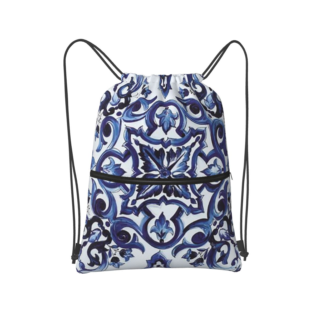 Tile Bag Drawstring - Mavi Süslü Çiçekli Akdeniz Sicilya Kiremit