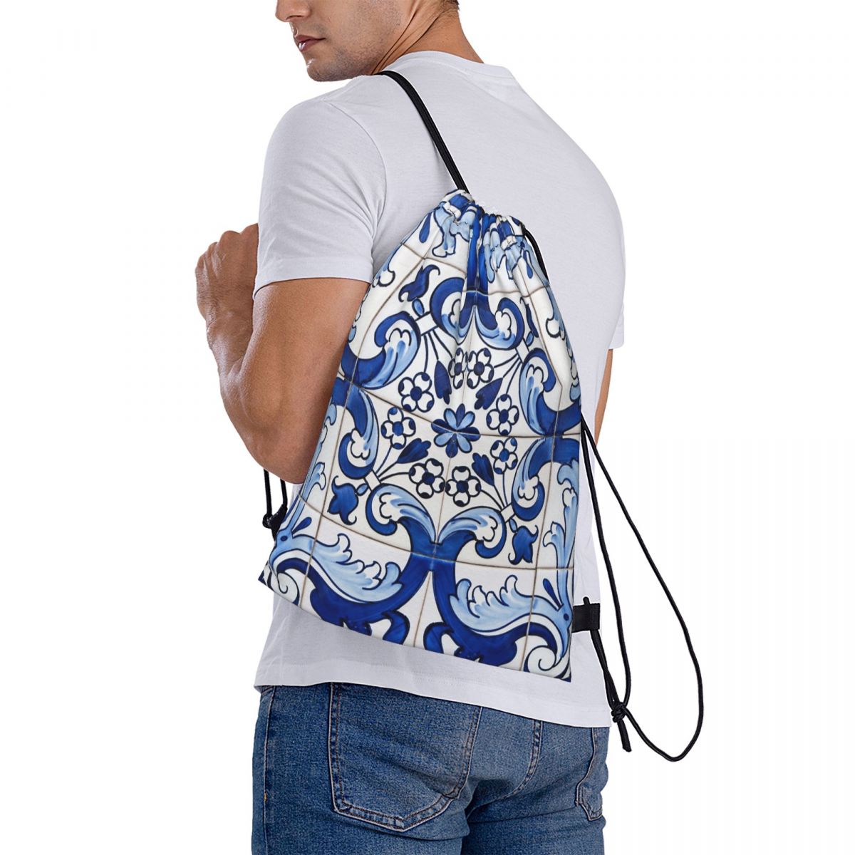 Tile Bag Drawstring - Antika Klasik Lizbon Mavi Azulejo Kiremit